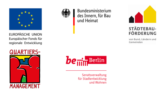 Logos der Organisationen, aus deren Mitteln das Quartiersmanagement finanziert wird: Europäischer Fonds für regionale Entwicklung, Bundesministerium des Innern, für Bau und Heimat, Senatsverwaltung für Stadtentwicklung und Wohnen.