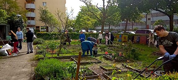Gartenliebhabende verschiedener Altersgruppen gestalten und pflegen die Grünflächen des Gemeinschaftsgartens im Quartier Heerstraße Nord. (Bild: QM Heerstraße Nord)