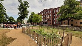 Ein neu gestalteter, großzügiger Schulhof mit Wegen, Pflanzen und Bäumen bietet Schulkindern mehr Platz zum Spielen.