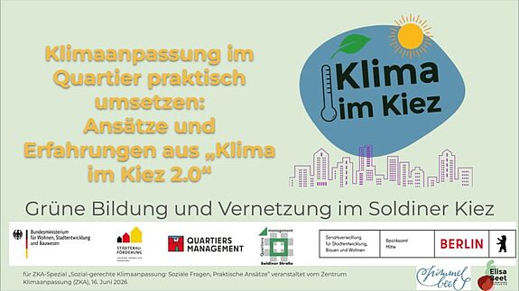 Präsentationsfolie zu „Klima im Kiez 2.0“ mit Klima-Symbolen, Stadtansicht und Logos beteiligter Organisationen.