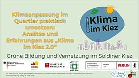 Präsentationsfolie zu „Klima im Kiez 2.0“ mit Klima-Symbolen, Stadtansicht und Logos beteiligter Organisationen.