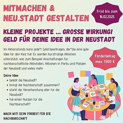 Eine Illustration des QMs Spandauer Neustadt zeigt Menschen an einem Tisch, die gemeinsam Ideen für Projekte im Quartier entwickeln.