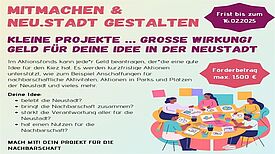 Eine Illustration des QMs Spandauer Neustadt zeigt Menschen an einem Tisch, die gemeinsam Ideen für Projekte im Quartier entwickeln.