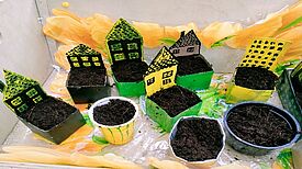 Als Belohnung für's Müllsammeln gab es kleine Kressebeete in Tetrapak-Häuschen, die zuvor mit Kindern im Garten des Mehrgenerationenhaus gebastelt worden waren. (Bild: Julian Krischan)