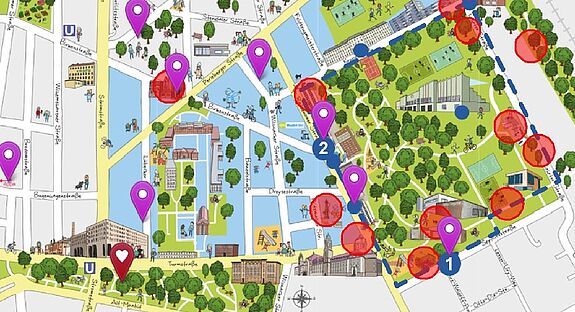 Der Audiowalk „Baufonds-Projekte“ führt rund um den Fritz-Schloss-Park und das Poststadion. (Bild: Kiezkarte Moabit-Ost: Burkhard Piller, georg+georg)