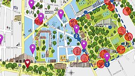 Der Audiowalk „Baufonds-Projekte“ führt rund um den Fritz-Schloss-Park und das Poststadion. (Bild: Kiezkarte Moabit-Ost: Burkhard Piller, georg+georg)