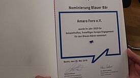 Die Nominierungsurkunde für Amaro Foro. Bild: Dagmar Buchholz.
