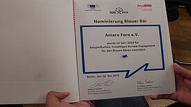 Die Nominierungsurkunde für Amaro Foro. Bild: Dagmar Buchholz.