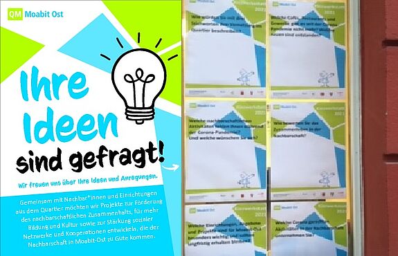 Von Mitte Januar bis zum 12. März 2021 konnten die Bewohnerinnen und Bewohner in Moabit-Ost ihre Wünsche äußern – analog durch Postkarten und Plakate (siehe Bild) oder online. (Bild: QM Moabit-Ost)