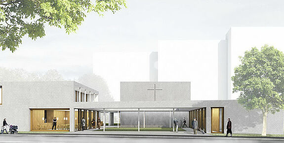 Ein Entwurf des Architekturbüros Kleyer.Koblitz.Letzel.Freivogel zeigt, wie das neue Gemeindezentrum aussehen wird. (Bild: Petrus-Giesensdorf-Gemeinde)