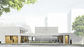 Ein Entwurf des Architekturbüros Kleyer.Koblitz.Letzel.Freivogel zeigt, wie das neue Gemeindezentrum aussehen wird. (Bild: Petrus-Giesensdorf-Gemeinde)