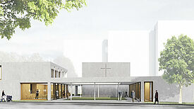 Ein Entwurf des Architekturbüros Kleyer.Koblitz.Letzel.Freivogel zeigt, wie das neue Gemeindezentrum aussehen wird. (Bild: Petrus-Giesensdorf-Gemeinde)