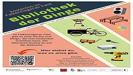 Auf dem Plakat der „Bibliothek der Dinge“ gibt es Informationen über das Angebot und Zeichnungen der Dinge, die unter anderem ausgeliehen werden können.