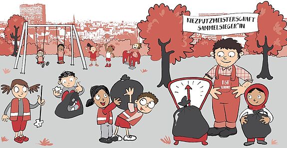 Ein Comic zeigt eine Gruppe Kinder mit Warnwesten, wie sie den Spielplatz aufräumen Im Hintergrund sieht man ein Banner mit der Aufschrift "Kiezputzmeisterschaft Sammelsieger*in". Im Vordergrund werden die vollen Müllsäcke auf einer Waage gewogen.