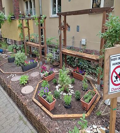 Frisch gepflegt und mit neuer Abgrenzung – der Gemeinschaftsgarten in der Bärensiedlung. (Bild: lw 2024, Antragsteller)