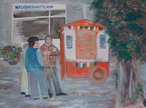 Das Sprengelmobil und der Nachbarschaftsladen „NaBaLa“ – gemalt von Evelyn Keskin.
