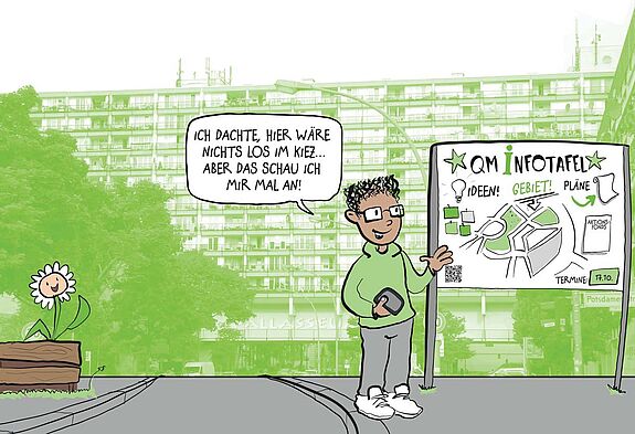 Ein Comic zeigt einen jungen Mann vor eine Infotafel des Quartiersmanagement, die eine Karte sowie Ideen und Pläne darstellt. Er spricht begeistert: "Ich dachte, hier wäre nichts los im Kiez... Aber das schau ich mir mal an!".