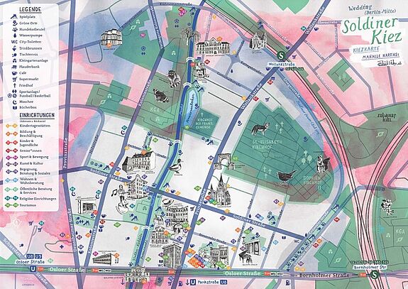 Die neue Kiezkarte für den Soldiner Kiez bildet die Angebote und Einrichtungen im Quartier künstlerisch und übersichtlich ab. (Bild: QM Soldiner Straße)