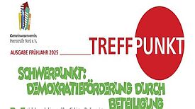 Auf dem Cover der Stadtteilzeitung „TREFFPUNKT“ wird das Schwerpunktthema „Demokratieförderung“ genannt.