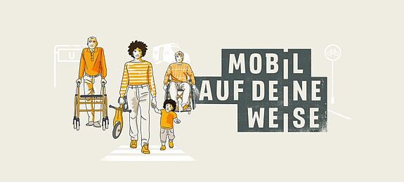 Auf der Zeichnung sind verschiedene Menschen zu sehen, die sich bewegen. 