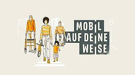 Auf der Zeichnung sind verschiedene Menschen zu sehen, die sich bewegen. 