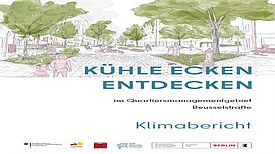 Das Deckblatt des Klimaberichts zeigt eine Zeichnung mit Bäumen, einem Weg und Anwohnenden.