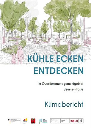 Das Deckblatt des Klimaberichts zeigt eine Zeichnung mit Bäumen, einem Weg und Anwohnenden.