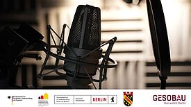 Ein großes Studiomikrofon steht vor einer schallgedämmten Wand in einem Aufnahmeraum.