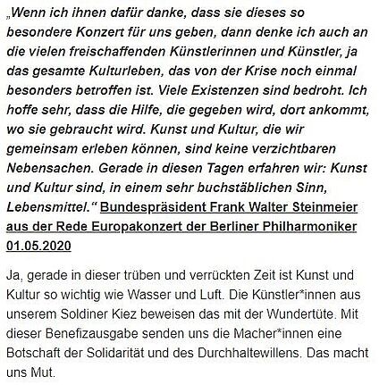 Dieses Zitat des Bundespräsidenten soll Kulturschaffenden Mut machen. Quelle: Screenshot der Website des QM Soldiner Straße