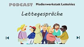Auf einem Bild mit hellblauem Hintergrund sind verschiedene illustrierte Menschen zu sehen, die sich miteinander unterhalten. 