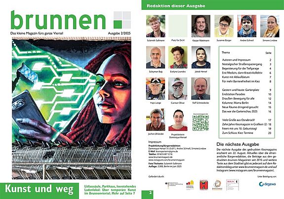 Die aufgeschlagene Sommerausgabe 2025 des „brunnenmagazins“ enthält das farbige Cover, das Inhaltsverzeichnis und Porträts der Redaktion. 