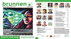 Die aufgeschlagene Sommerausgabe 2025 des „brunnenmagazins“ enthält das farbige Cover, das Inhaltsverzeichnis und Porträts der Redaktion. 