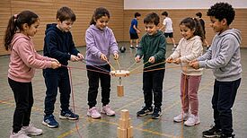 Sechs Kinder stehen in einem Halbkreis in einer Turnhalle und halten gemeinsam mit Hilfe von Schnüren ein Geschicklichkeitsspiel in der Luft, auf dem Boden steht ein Turm aus Holzklötzen.  