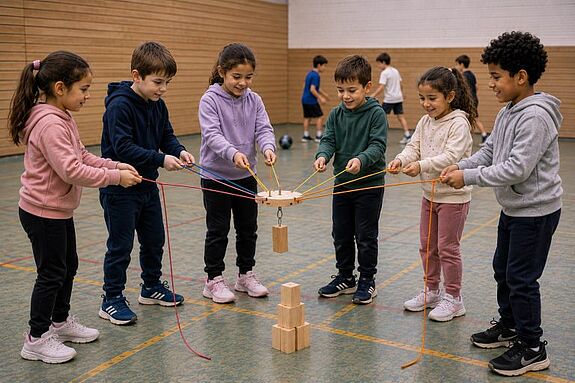 Sechs Kinder stehen in einem Halbkreis in einer Turnhalle und halten gemeinsam mit Hilfe von Schnüren ein Geschicklichkeitsspiel in der Luft, auf dem Boden steht ein Turm aus Holzklötzen.  