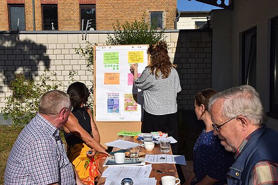 Mehrere Menschen sitzen bei sonnigem Wetter an einem Tisch im Freien, während eine Frau Notizzettel an eine Stellwand heftet.
