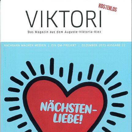 Titelseite der Kiezzeitung „Viktori“ mit rotem Herz und Schriftzug „Nächstenliebe“ für den.