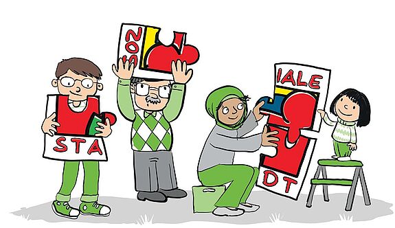 Ein Comic zeigt vier Menschen, wie sie überdimensionale Puzzleteile zusammenfügen. Zusammen ergeben sie das Logo "Soziale Stadt".