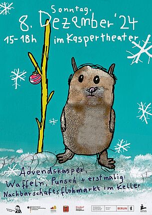 Auf dem Plakat des Adventsspaß im QM-Gebiet Rixdorf ist ein gezeichneter Hamster in winterlicher Umgebung zu sehen. 