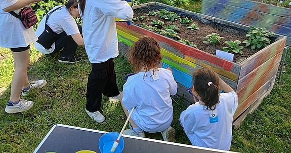 Eine Gruppe Kinder bemalt eine Gartenkiste mit bunten Farben.