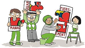 Ein Comic zum Programm „Sozialer Zusammenhalt“ zeigt vier Menschen, die gemeinsam das Logo des Quartiersmanagements Berlin aus Puzzleteilen zusammenführen.