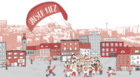 Den sozialen Zusammenhalt im Kiez stärken. Grafik: Dankegrafik&123comics