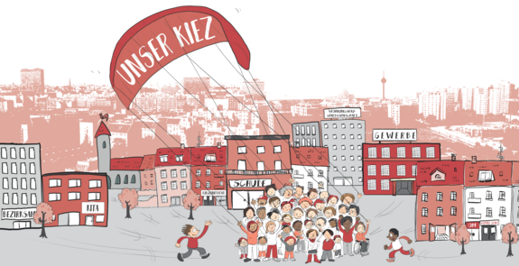 Den sozialen Zusammenhalt im Kiez stärken. Grafik: Dankegrafik&123comics