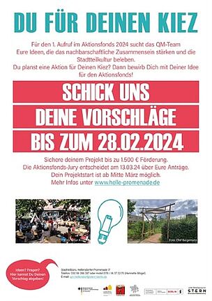 Das QM-Team der Hellersdorfer Promenade ruft die Anwohnenden des Kiezes dazu auf, ihre Ideen einzureichen. (Bild: S.T.E.R.N. Berlin)