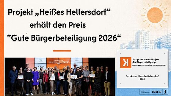 Eine Collage mit Gruppenfoto und Auszeichnungsplakette. Darüber steht der Schriftzug „Projekt Heißes Hellersdorf erhält den Preis Gute Bürgerbeteiligung 2026.“ Rechts oben im Bild befindet sich eine illustrierte Sonne. 