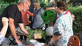 Gemeinsam bepflanzen: Im neu aufgebauten Sinnes- und Tastgarten auf der Terrasse des Nachbarschaftstreff „mittendrin“ gibt es jetzt viele verschiedene Kräuter. (Bild: QM Sonnenallee / High-Deck-Siedlung / W+P GmbH)