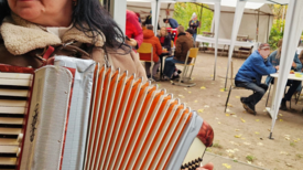 Eine Frau spielt Akkordeon im Freien, im Hintergrund sitzen Menschen unter Zelten bei einem Fest.