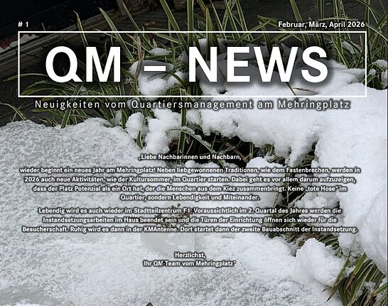Titelseite der ersten Ausgabe der „QM-News“ des QMs Mehringplatz mit Schnee und Gräsern.