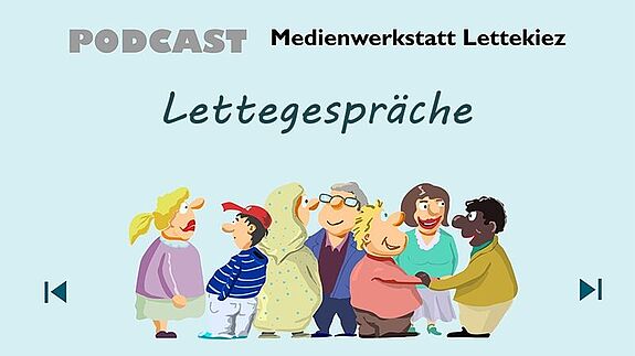 Auf einem Flyer sind verschiedene Menschen illustriert, die miteinander im Gespräch sind. Der Schriftzug „Podcast, Medienwerkstatt Lettekiez „Lettegespräche“ steht über den Menschen.