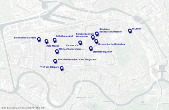 Die Karte zeigt die „warmen Orte“ in Moabit. (Bild: QM Beusselstraße / S.T.E.R.N. GmbH)