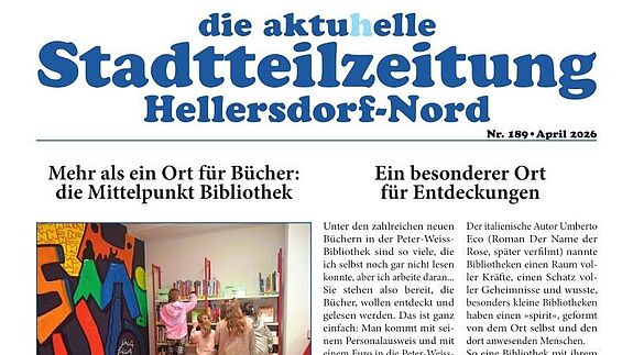 Die Titelseite der Stadtteilzeitung „aktuhelle“ April 2026 aus Hellersdorf-Nord mit Beitrag zur Bibliothek.